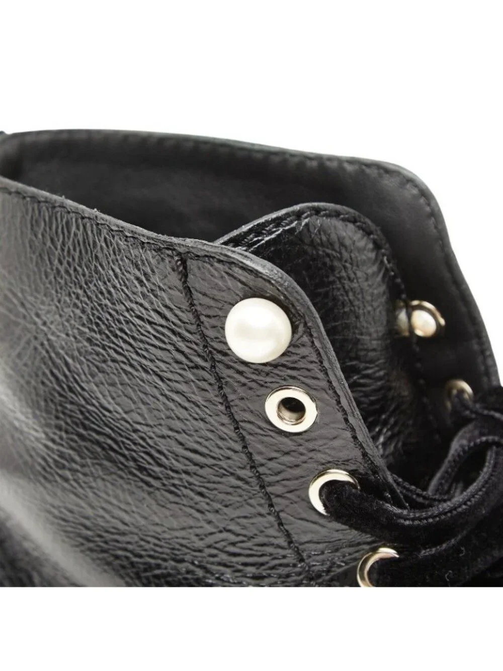Chanel CC Logo Lace Up Short Boots 38 Black Leather Velour Faux Pearl